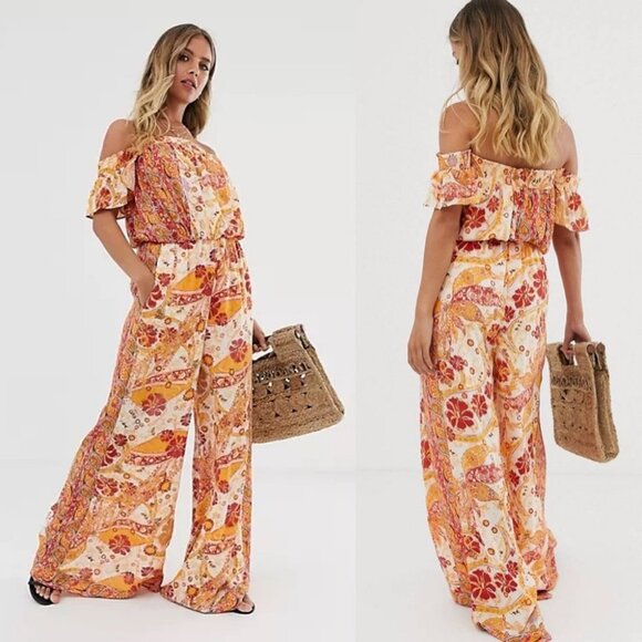 Free People Bohemian Wide Leg Orange Yellow Floral Jumpsuit Carmen Smock XS Boho - Picture 2 of 15